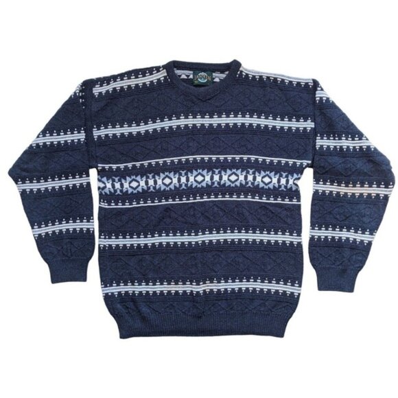 Vintage 90s Jantzen Grandpa Dad Sweater L Fair Isle Striped Blue Cotton Unisex - Picture 2 of 10